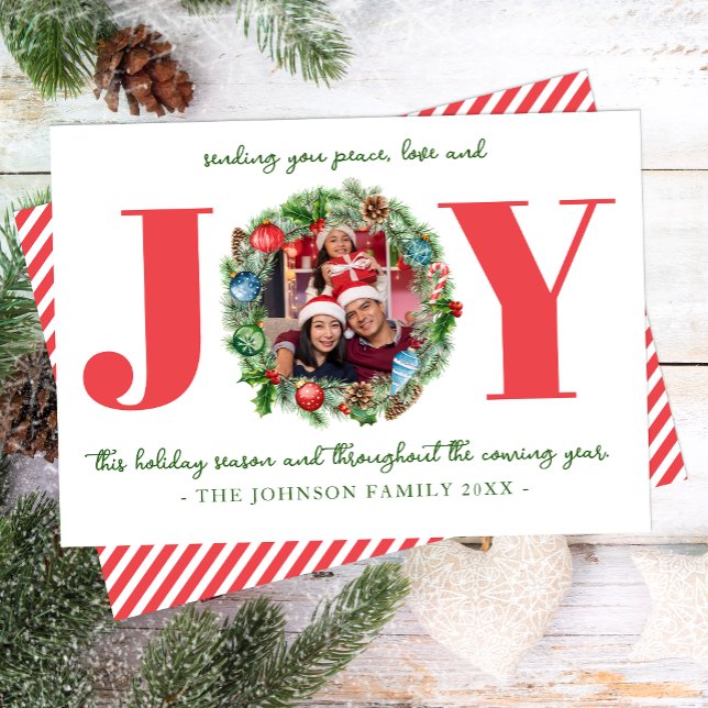 Carte de Noël photo aquarelle de verdure JOY (Christmas Wreath Holiday Card)