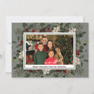 Carte de Noël photo au pin et au houx aquarelle