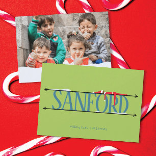 Carte de Noël photo avec enseigne de nom de farces