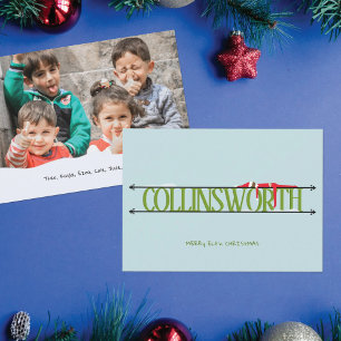 Carte de Noël photo avec enseigne de nom de farces