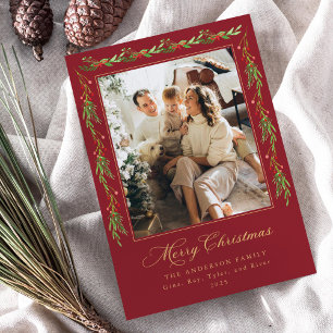 Carte de Noël photo avec guirlande de houx rouge e