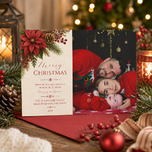 Carte de Noël photo avec Poinsettia Rouge Rustique