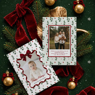 Carte de Noël photo avec ruban rouge élégant et ve