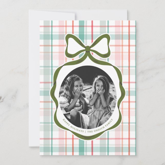 Carte de Noël photo avec un nœud en gingham adorab (Devant)