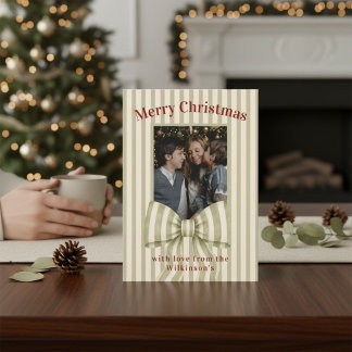 Carte de Noël photo avec un nœud vert rayé