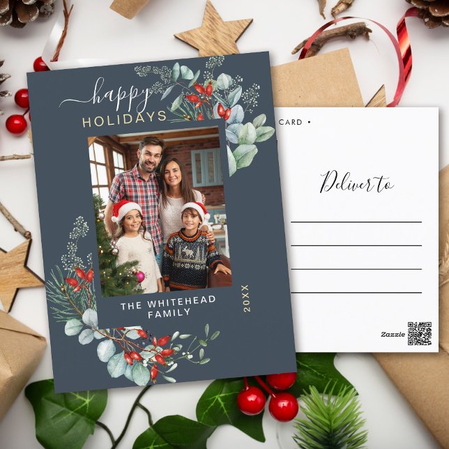 Carte de Noël photo avec verdure en bleu ardoise m (You will love these beautiful Christmas cards! They feature botanical watercolor pine and berries.)