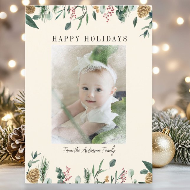 Carte de Noël photo avec verdure hivernale et supe (Winter Greenery Snow Photo Beige Holiday Card)
