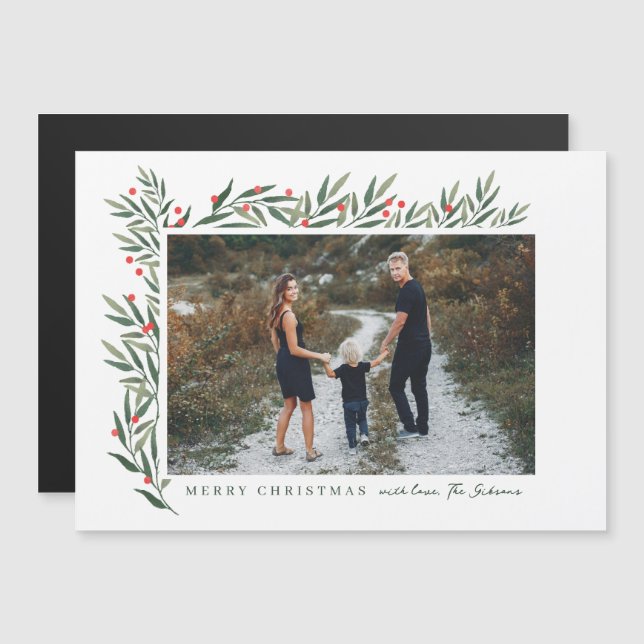 Carte de Noël photo blanche de verdure hivernale (Devant / Derrière)