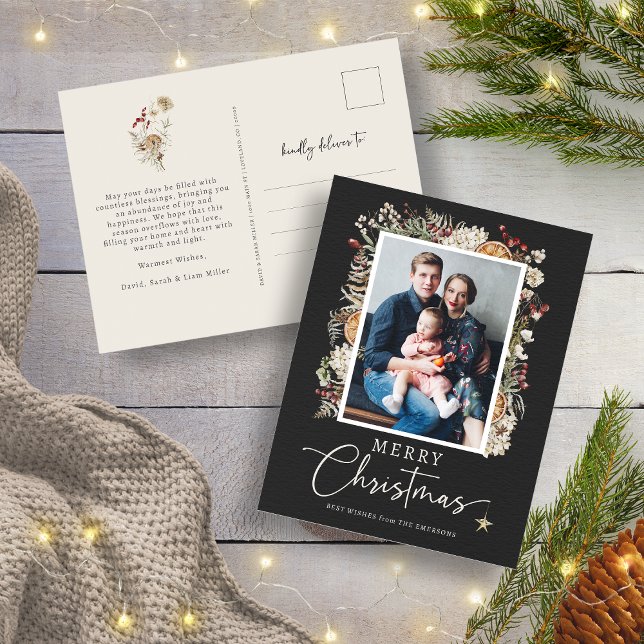 Carte de Noël photo botanique (Elegant Black Rustic Boho Botanical Photo Merry Christmas Postcard
)