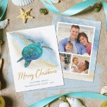 Carte de Noël photo Budget Beach Sea Turtle 3<br><div class="desc">Économisez de l'argent avec ces cartes de Noël à thème côtier budget, sur un papier moins cher et légèrement plus petite taille. Le design tropical de la plage comprend une tortue de mer bleu turquoise d'aquarelle sur un arrière - plan de plage abstrait avec une fausse parties scintillant d'or brillant...</div>