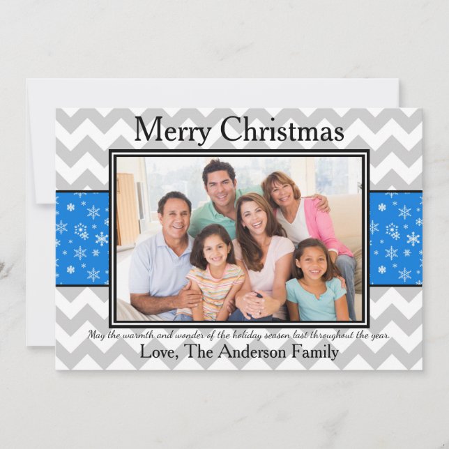 Carte de Noël - Photo Chevron Gris Bleu Neige (Devant)