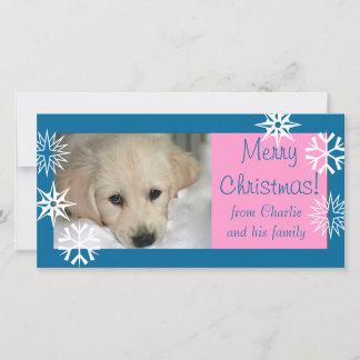 Carte de Noël Photo Chien Flocons de Neige Rose Bl
