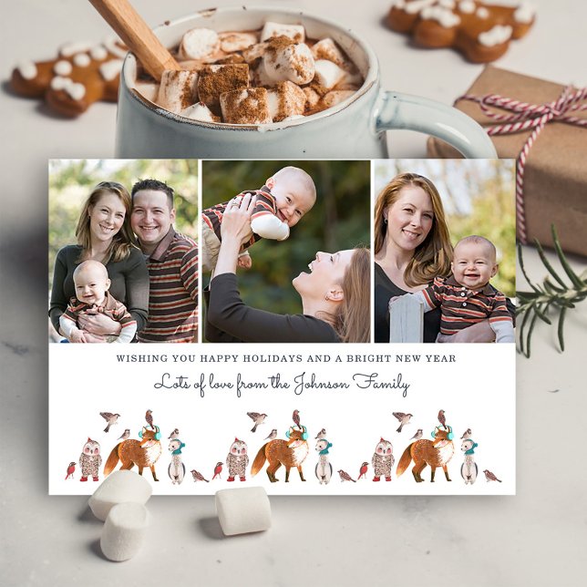 Carte de Noël photo d'animaux de la forêt (Woodland Animals Photo Holiday Christmas Postcard)