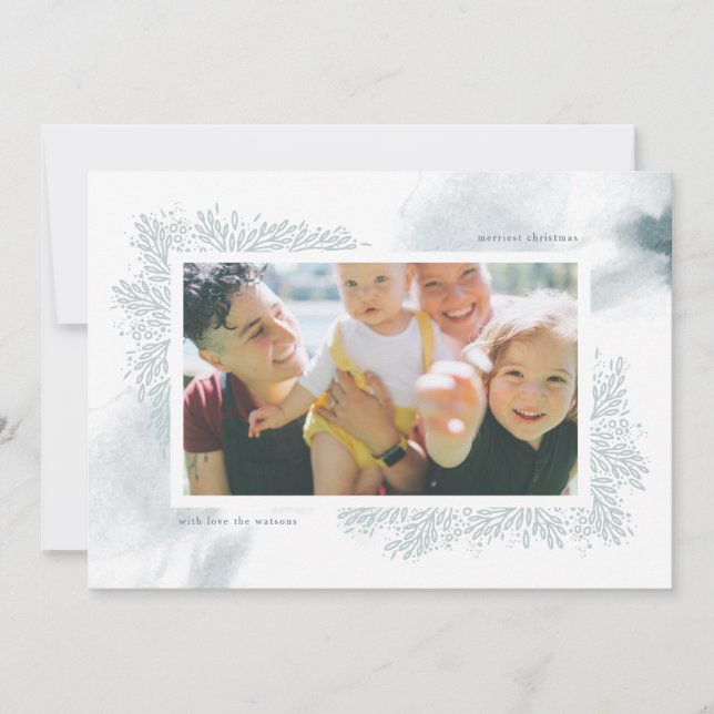 Carte de Noël photo de fleurs à l'aquarelle bleu d (Devant)