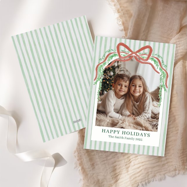 Carte de Noël photo de Noël à rayures vertes Bow (Créateur téléchargé)