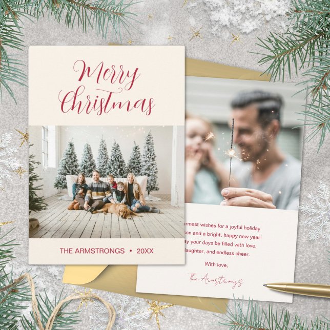 Carte de Noël photo élégante Cream Red Script Two (Elegant Script Photo Christmas Card)