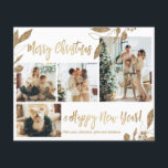 Carte de Noël photo élégante et économique avec fe<br><div class="desc">Carte de vœux de Noël élégante et moderne avec feuilles botaniques dorées et blanches et 4 photos. Cette carte de vœux festive, minimaliste et fantaisiste pour les fêtes de fin d'année comporte un joli collage de photos, des feuilles botaniques dorées en faux foil, des baies d'hiver et les mots "Joyeux...</div>