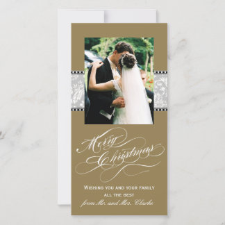 Carte de Noël photo en damas or gris pour le premi