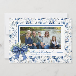 Carte de Noël photo en toile de Jouy bleue holly