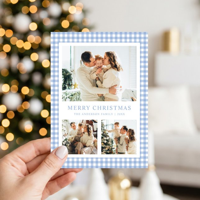 Carte de Noël photo en vichy bleu (Créateur téléchargé)