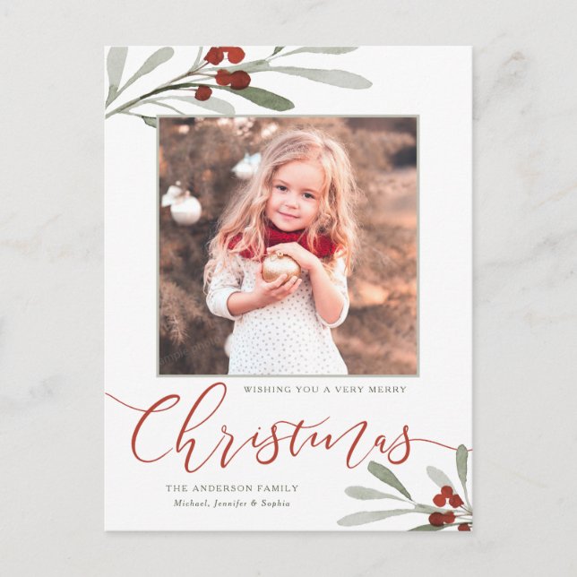 Carte de Noël Photo Fleurs de Cerisier Rouges Aqua (Devant)