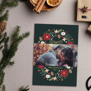 Carte de Noël photo florale avec couronne en feuil