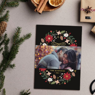 Carte de Noël photo florale avec couronne en feuil