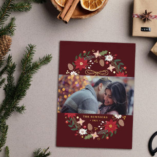 Carte de Noël photo florale avec couronne en feuil