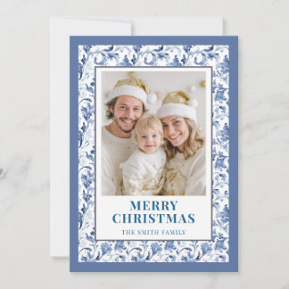 Carte de Noël photo florale bleue en toile de Jouy