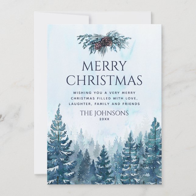Carte de Noël photo forêt de pins aquarelle rustiq (Devant)