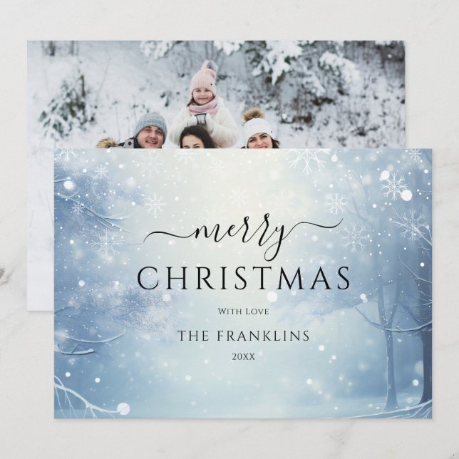 Carte de Noël photo forêt hivernale enchantée (Devant / Derrière)