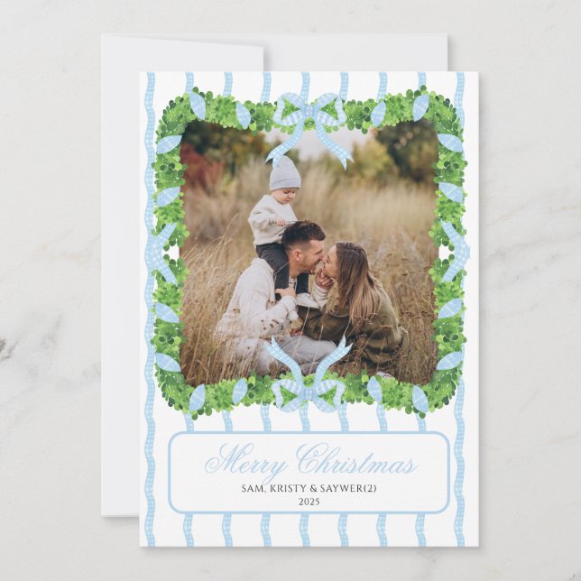 Carte de Noël photo Grandmillennial bleue (Devant)