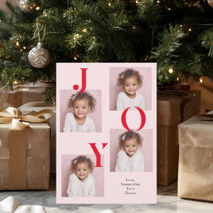 Carte de Noël photo JOY moderne Rouge et rose