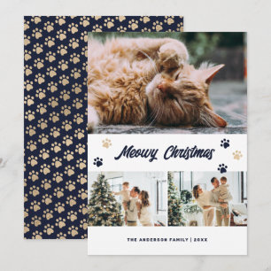 Carte de Noël Photo Meowy Bleu Élégant Or