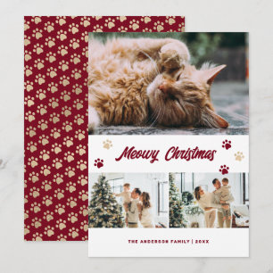 Carte de Noël Photo Meowy Rouge Or Élégante