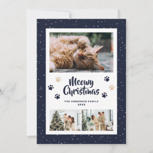 Carte de Noël Photo Meowy Snow 3 Blue Gold Paws