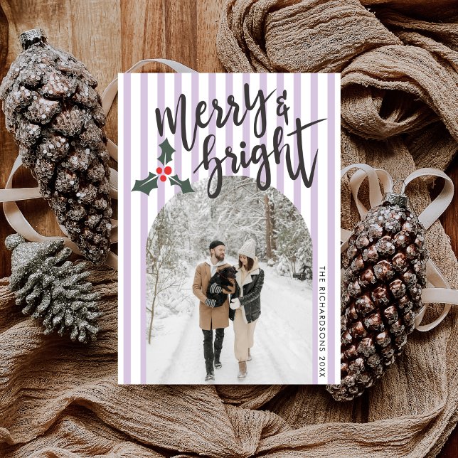 Carte de Noël photo Merry & Bright à rayures lavan (Créateur téléchargé)