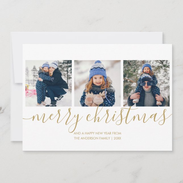 Carte de Noël photo Merry Christmas Gold Script 3 (Devant)