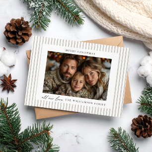 Carte de Noël photo moderne en lin naturel rayé