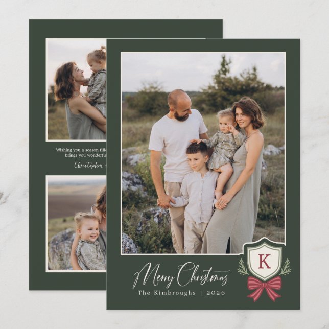 Carte de Noël photo monogramme à 4 avec ruban rayé (Devant / Derrière)