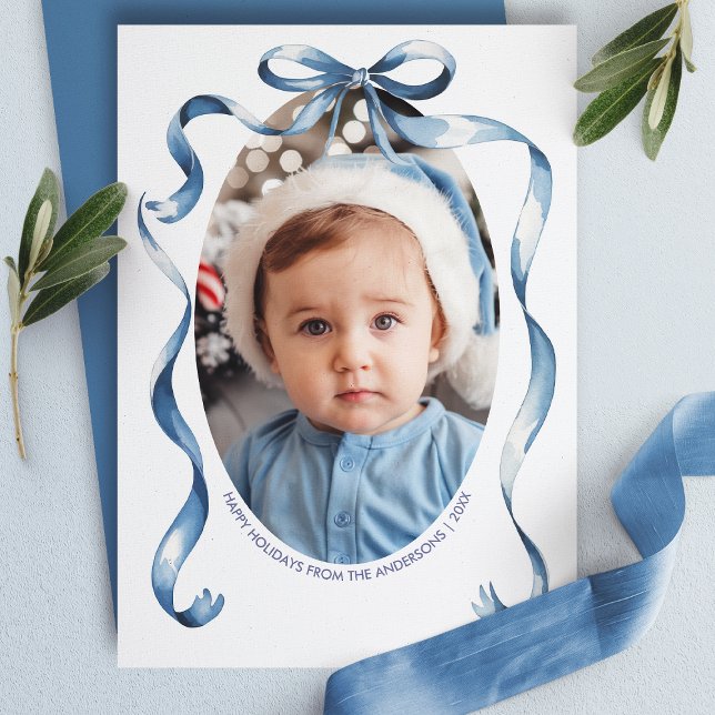 Carte de Noël photo ovale ruban bow bleu (Créateur téléchargé)
