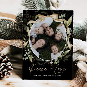 Carte de Noël Photo Paix Amour Or Arc Verdure