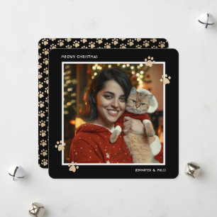 Carte de Noël Photo Patte de Chat en Or Noir Meowy