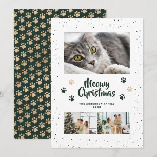 Carte de Noël Photo Pattes de Neige Or Vert Meowy