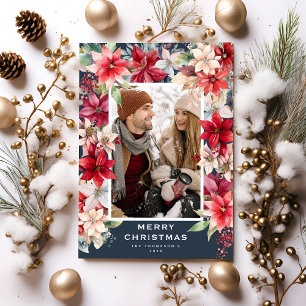 Carte de Noël Photo Ponsietta Floral Joyeux Noël