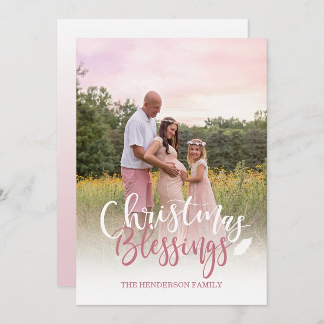 Carte de Noël photo rose mauve et blanc (Devant / Derrière)