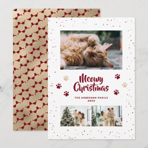 Carte de Noël photo Rouge Or Paws Meowy