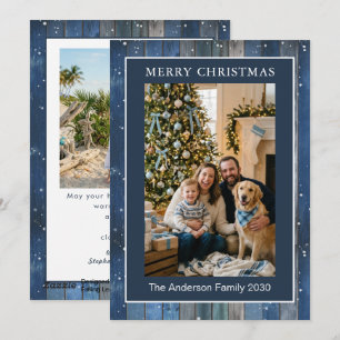 Carte de Noël photo Rustique Bleu Nuit Bois enneig