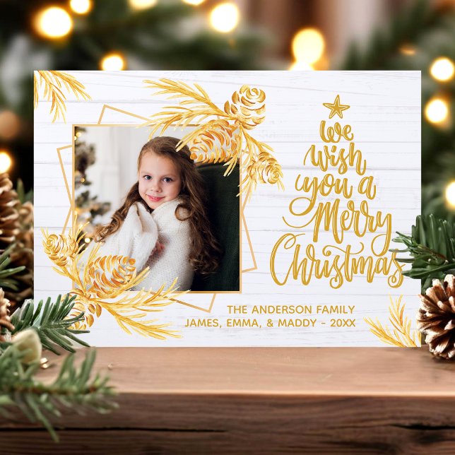 Carte de Noël photo rustique en bois de pin doré (Créateur téléchargé)