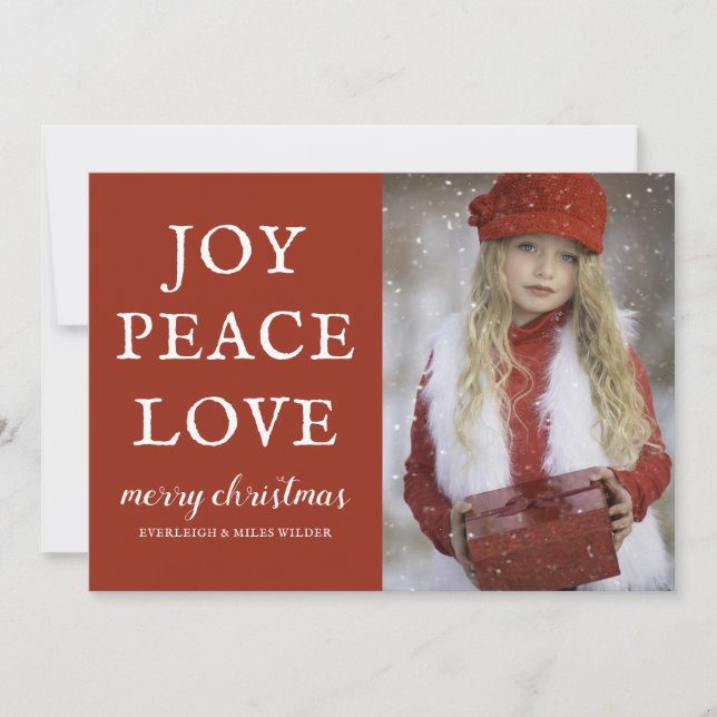 Carte de Noël photo Rustique Rouge Joie Paix Amour (Devant)